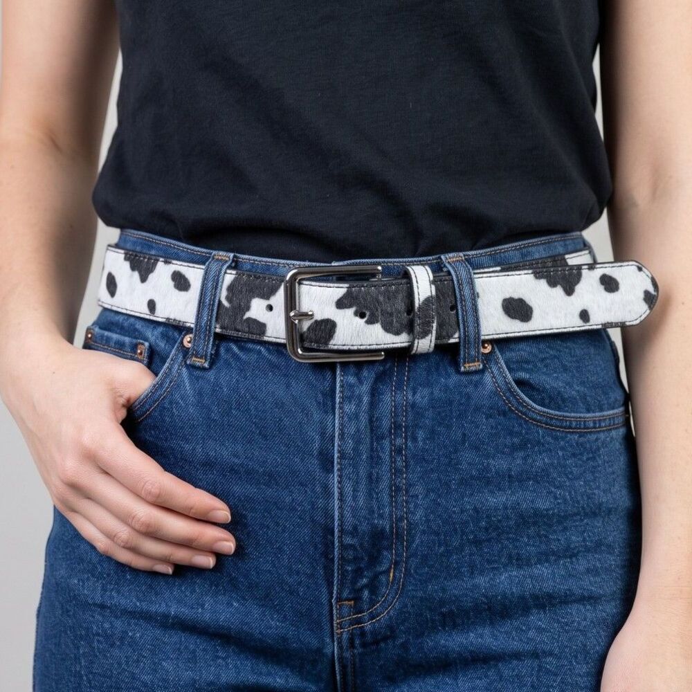 NWT Princess Polly L/XL Cow Print Faux Pony Hair Belt Western Silver Buckle 46"